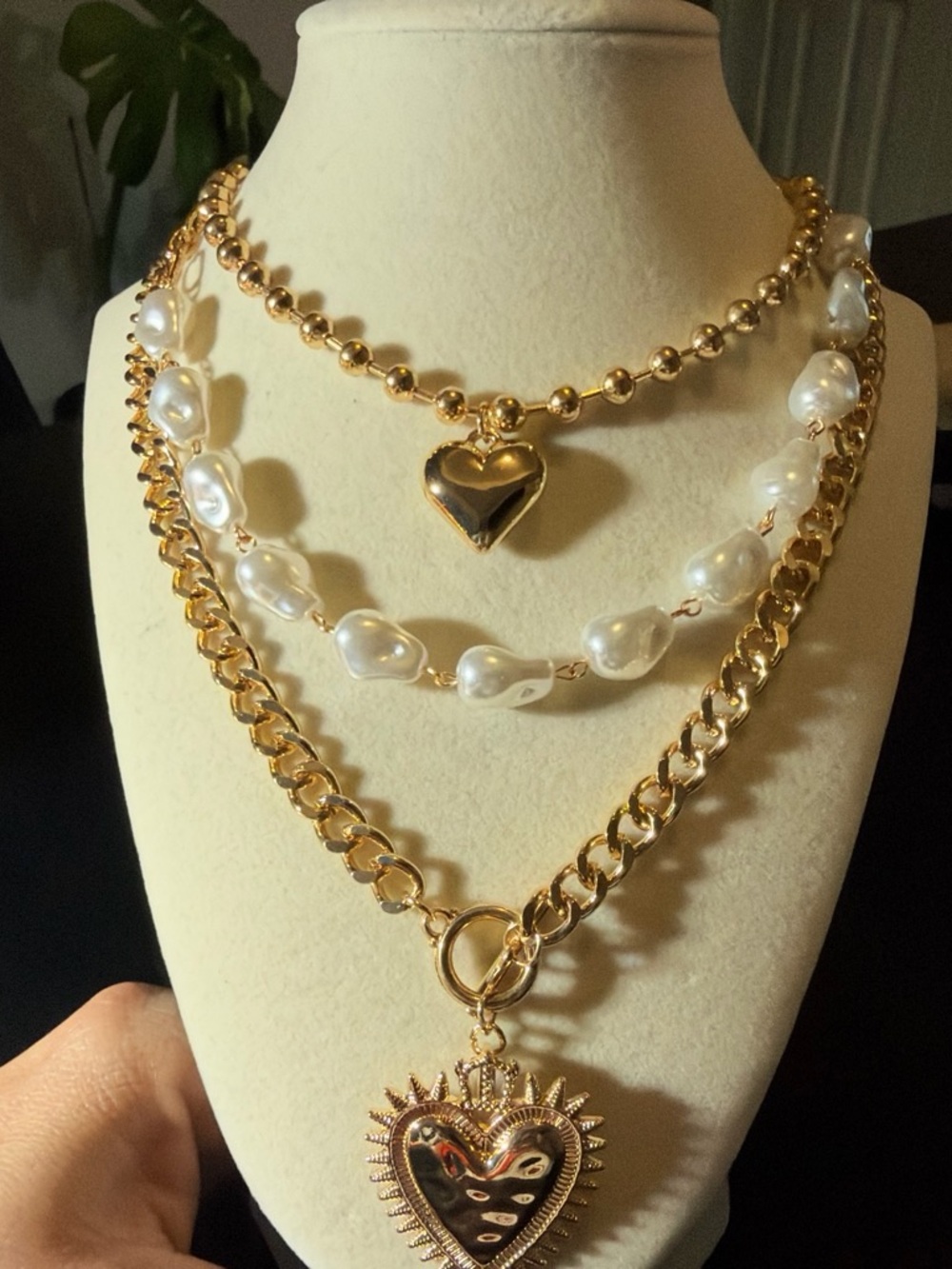 Gold and White Layered Heart Pendant Necklace Set